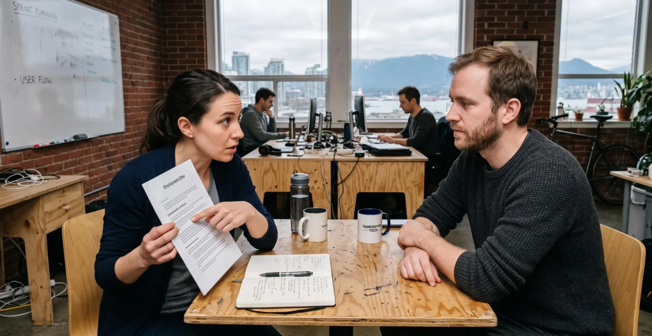 A job candidate points to a line on an offer letter while asking a startup founder a question during a negotiation meeting in a Vancouver office.