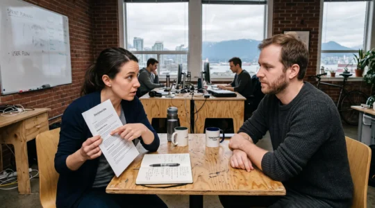 A job candidate points to a line on an offer letter while asking a startup founder a question during a negotiation meeting in a Vancouver office.