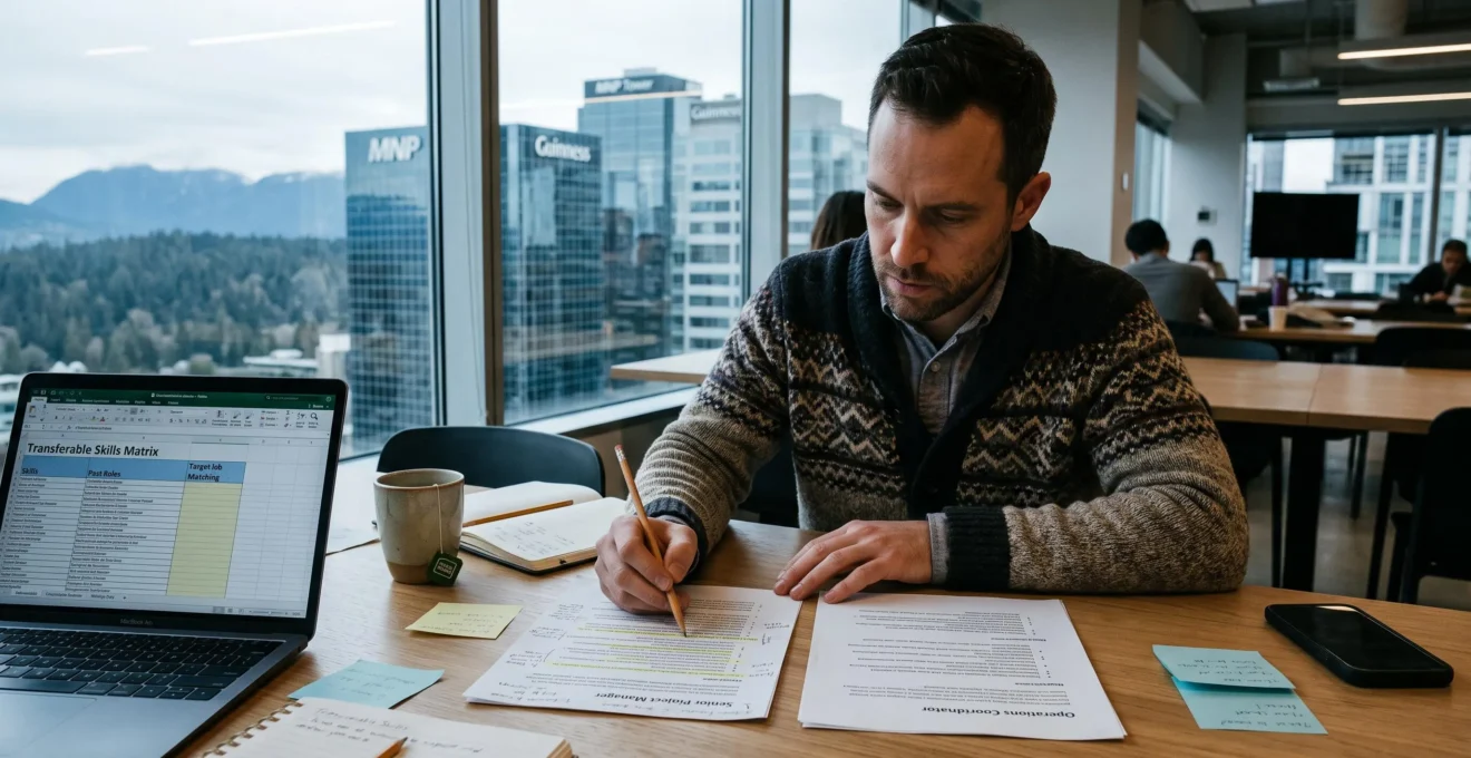 A professional compares two printed Vancouver job postings and takes notes during a career transition work session near a window.