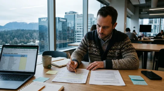 A professional compares two printed Vancouver job postings and takes notes during a career transition work session near a window.