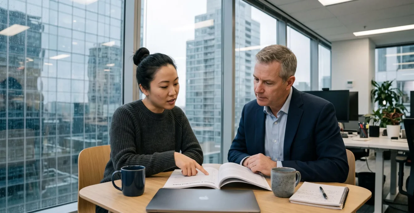 An employee and a manager in a Vancouver office reviewing a paragraph of a printed employee handbook together at a small table.