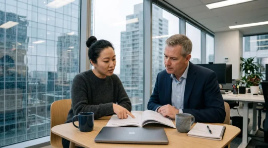 An employee and a manager in a Vancouver office reviewing a paragraph of a printed employee handbook together at a small table.