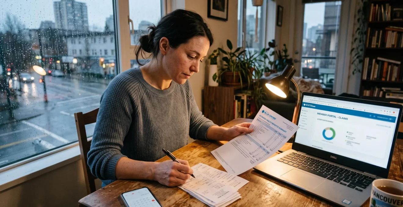 An employee reviews a printed benefits summary and clinic receipts next to a laptop in her Vancouver apartment.