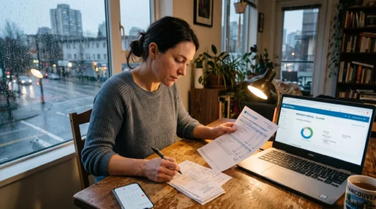 An employee reviews a printed benefits summary and clinic receipts next to a laptop in her Vancouver apartment.