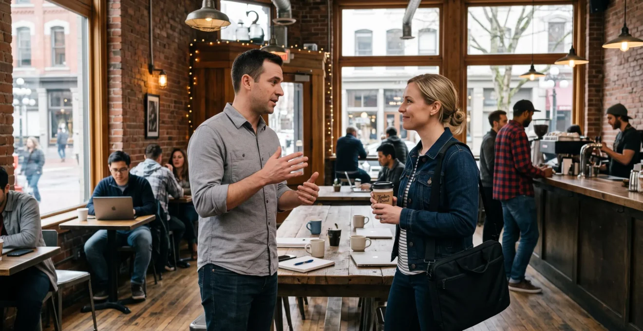 Two professionals having a networking conversation in a busy brick-walled Gastown coffee shop in Vancouver.