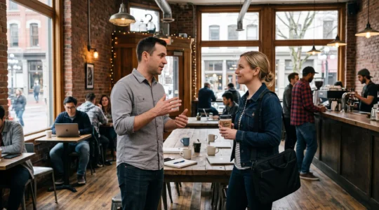 Two professionals having a networking conversation in a busy brick-walled Gastown coffee shop in Vancouver.