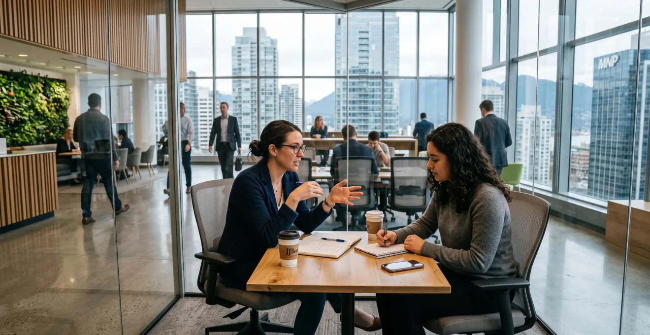 A professional has an informal coffee meeting with an employee inside a glass-walled meeting area of a downtown Vancouver office lobby.
