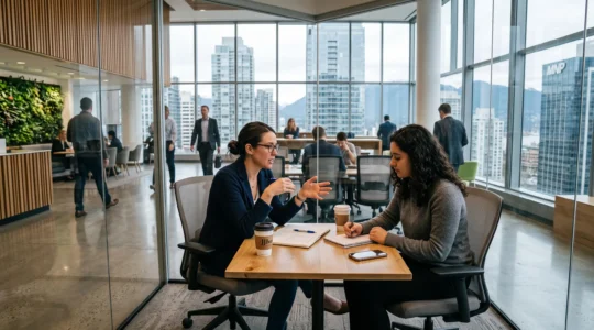 A professional has an informal coffee meeting with an employee inside a glass-walled meeting area of a downtown Vancouver office lobby.