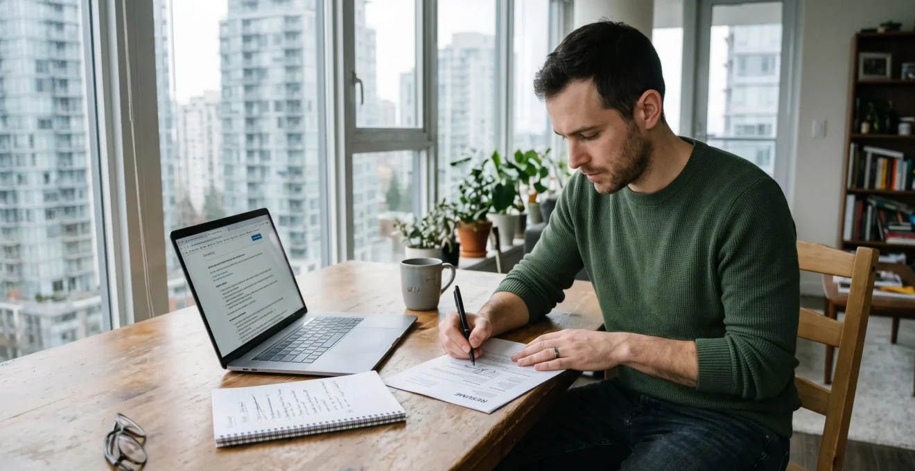 A job seeker rewriting resume bullet points by hand at a home desk with a laptop open to a job posting.