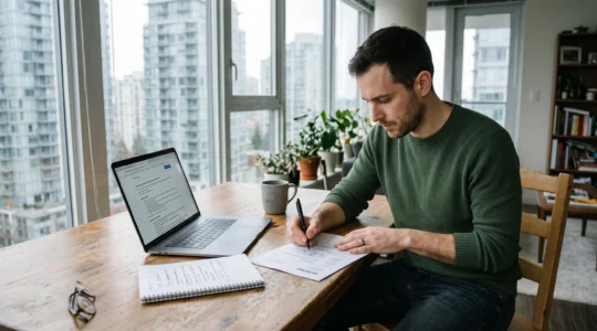 A job seeker rewriting resume bullet points by hand at a home desk with a laptop open to a job posting.