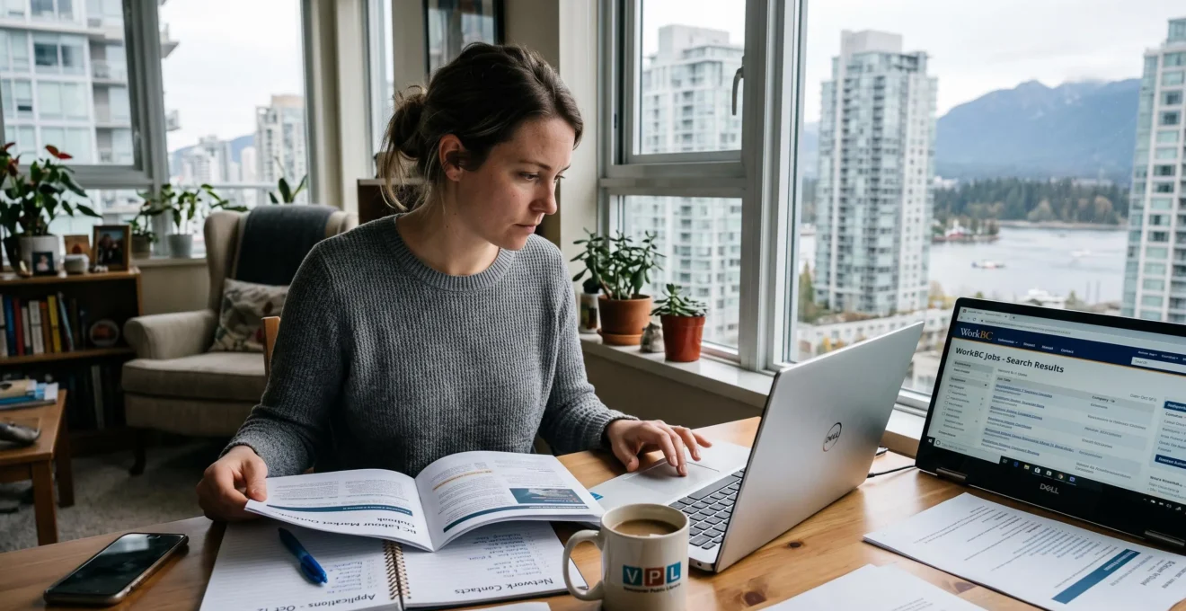 A job seeker at a desk in Vancouver compares a printed labour market report with job listings on her laptop.