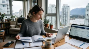 A job seeker at a desk in Vancouver compares a printed labour market report with job listings on her laptop.