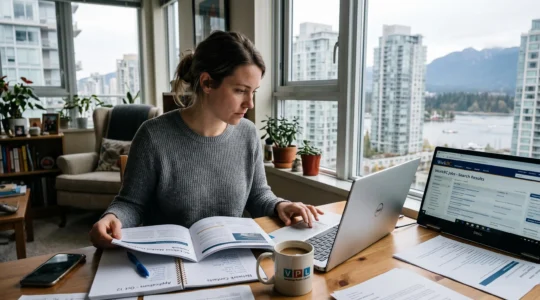 A job seeker at a desk in Vancouver compares a printed labour market report with job listings on her laptop.