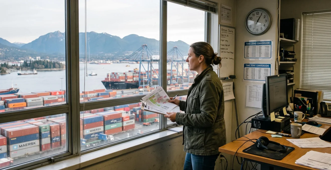 A logistics coordinator checks a printed shipping schedule in front of a window overlooking the Port of Vancouver container terminal.
