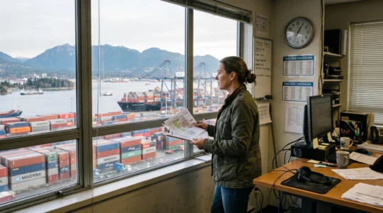 A logistics coordinator checks a printed shipping schedule in front of a window overlooking the Port of Vancouver container terminal.