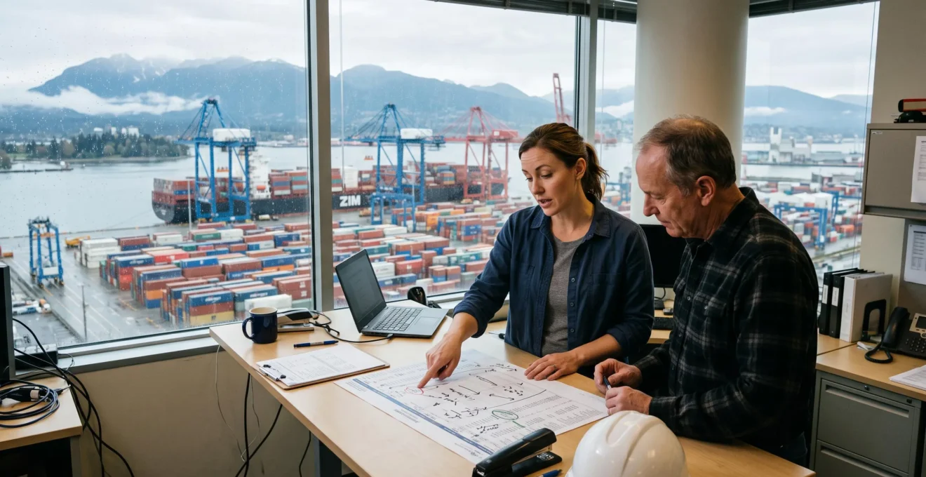 A supply chain professional points at a printed shipment schedule while discussing routing options with a colleague in an office overlooking the Port of Vancouver.