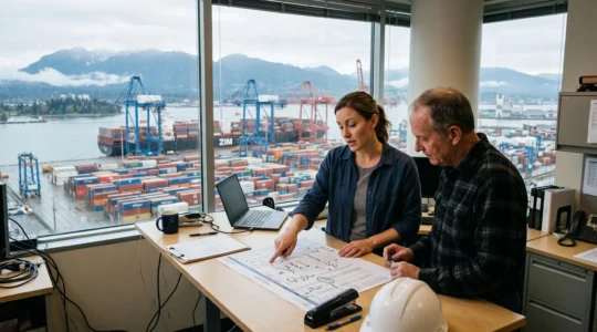 A supply chain professional points at a printed shipment schedule while discussing routing options with a colleague in an office overlooking the Port of Vancouver.