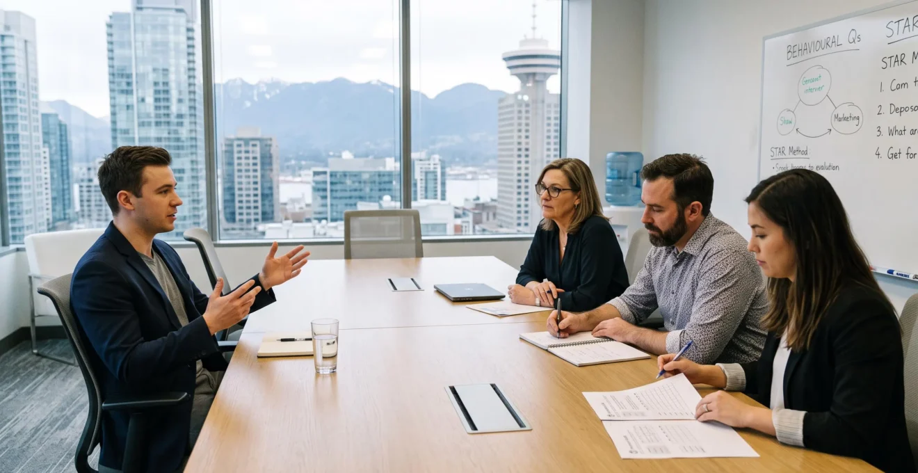 A candidate answers behavioural questions in front of a three-person interview panel in a Vancouver office meeting room.