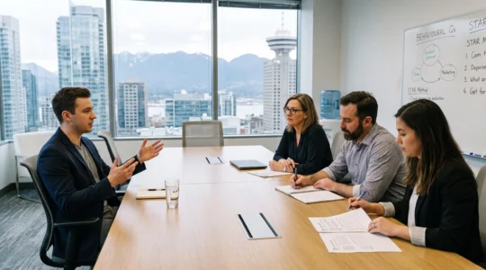 A candidate answers behavioural questions in front of a three-person interview panel in a Vancouver office meeting room.