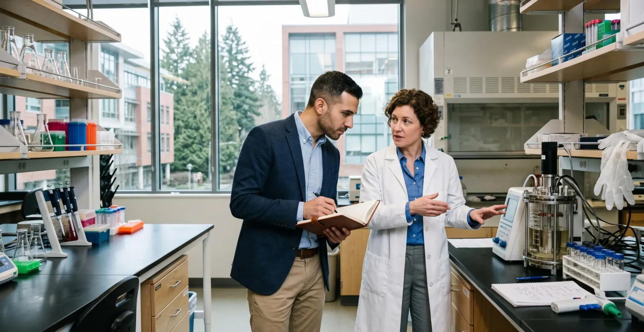 A biotech hiring manager showing a job candidate a validated process on the lab floor during a walkthrough in Vancouver.