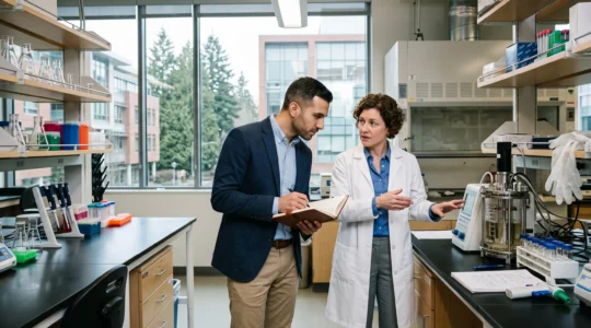 A biotech hiring manager showing a job candidate a validated process on the lab floor during a walkthrough in Vancouver.