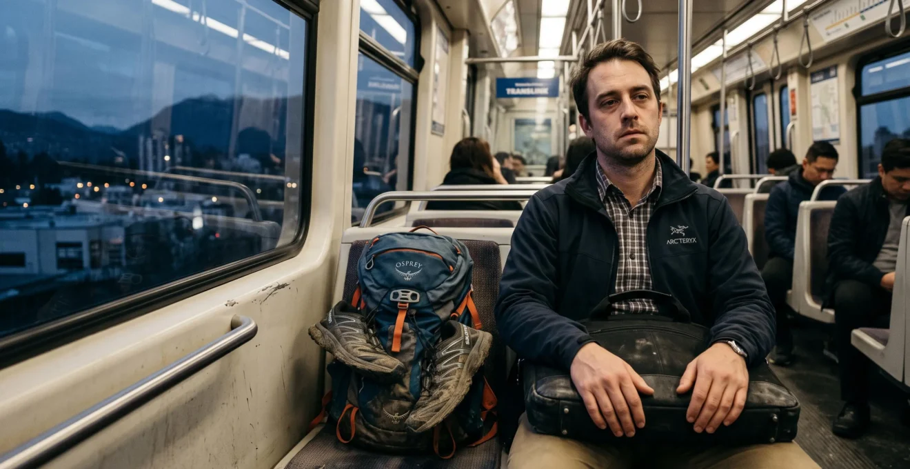 A tired commuter with a hiking daypack sits on a SkyTrain at dusk in Vancouver, looking drained after a workday.