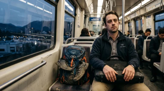A tired commuter with a hiking daypack sits on a SkyTrain at dusk in Vancouver, looking drained after a workday.