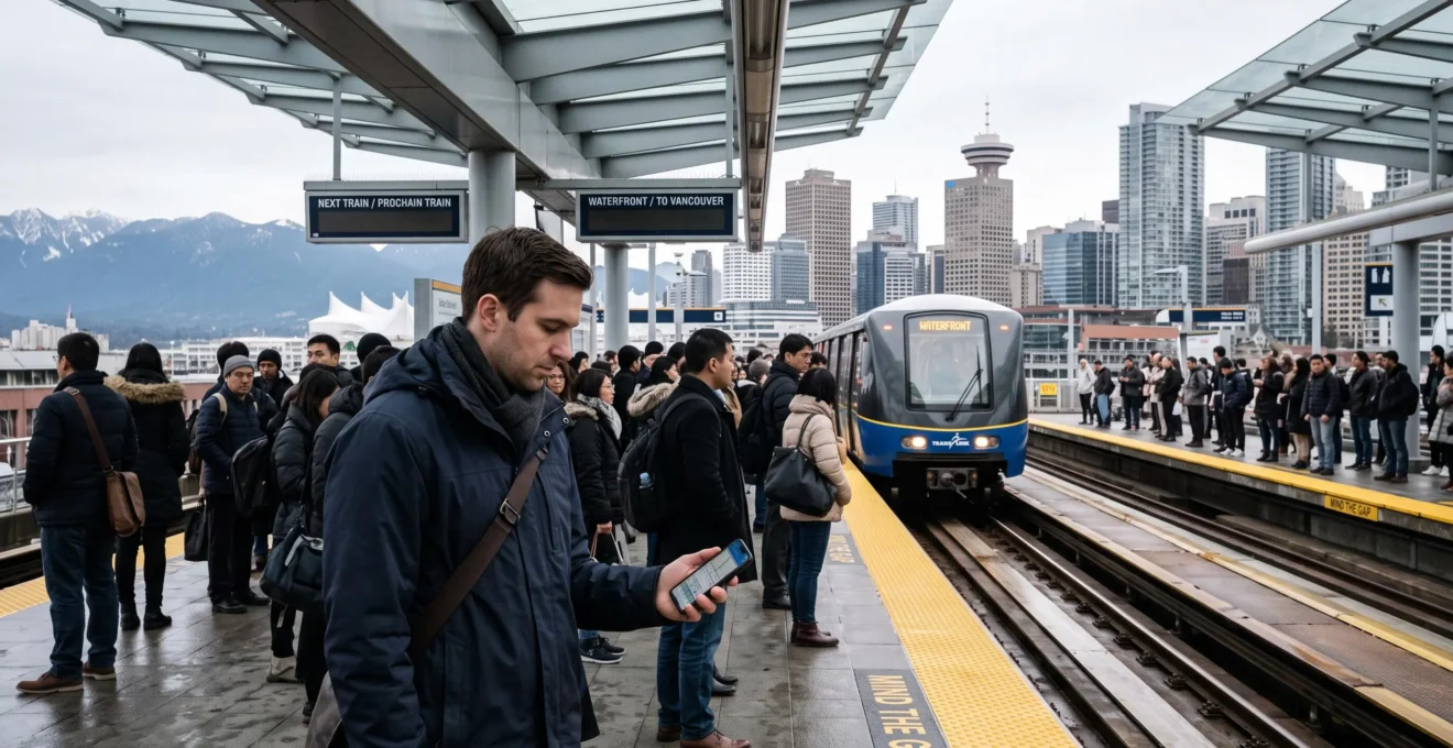 Commuters waiting on a light rail platform in Vancouver at rush hour while one person checks a transit app on a phone, with the downtown skyline behind them.