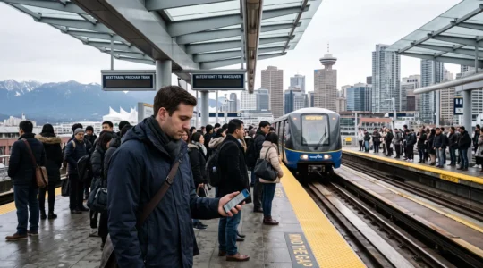 Commuters waiting on a light rail platform in Vancouver at rush hour while one person checks a transit app on a phone, with the downtown skyline behind them.