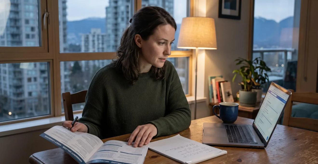 A Vancouver professional compares a printed continuing education program brochure with job listings on a laptop at a home dining table.