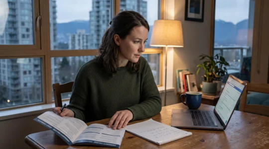 A Vancouver professional compares a printed continuing education program brochure with job listings on a laptop at a home dining table.