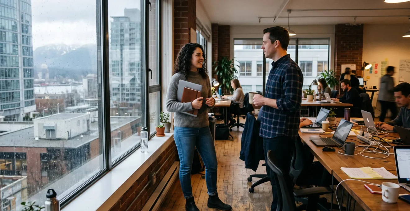 A newcomer to Vancouver having a relaxed standing conversation with a local professional in a co-working space near a window overlooking the city.