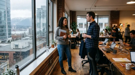 A newcomer to Vancouver having a relaxed standing conversation with a local professional in a co-working space near a window overlooking the city.