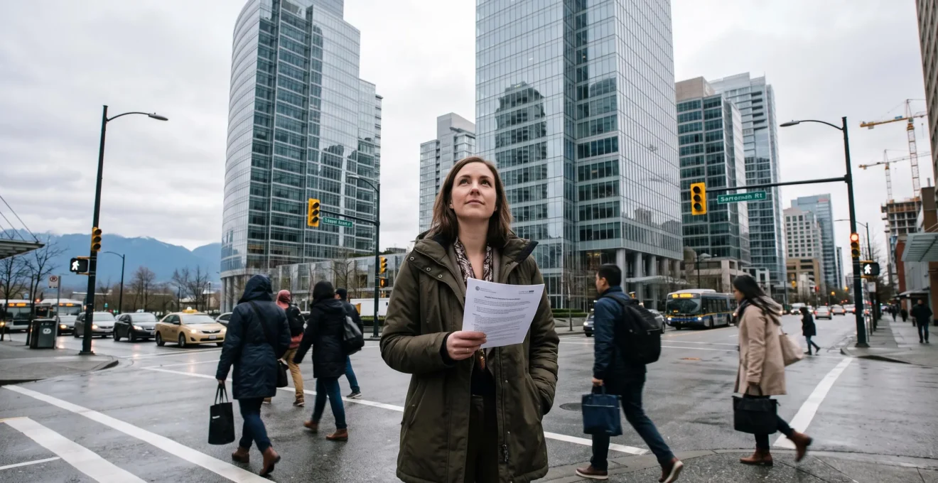 A woman holding a printed job posting stands at a downtown Vancouver crosswalk, looking up at glass office towers on a grey morning.