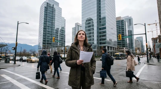 A woman holding a printed job posting stands at a downtown Vancouver crosswalk, looking up at glass office towers on a grey morning.