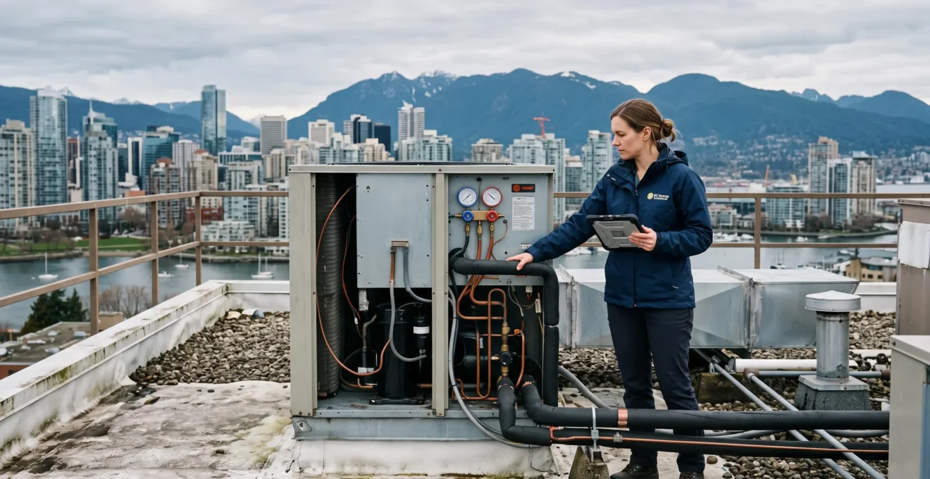 An energy analyst inspects a rooftop heat pump unit with a tablet, with the Vancouver skyline and mountains behind her.
