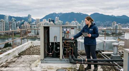 An energy analyst inspects a rooftop heat pump unit with a tablet, with the Vancouver skyline and mountains behind her.