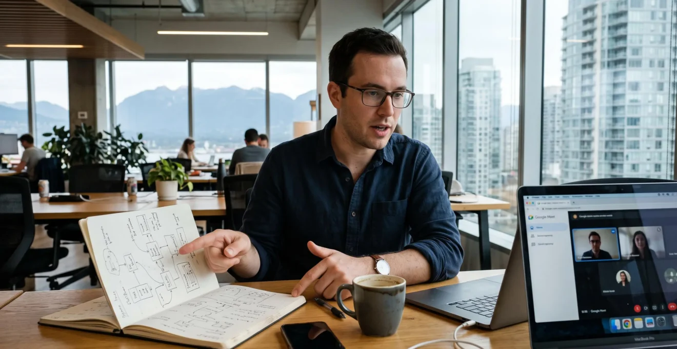 A software engineer sketches system architecture in a notebook while practicing interview answers during a video call at a Vancouver office desk.