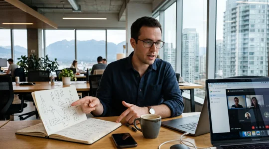 A software engineer sketches system architecture in a notebook while practicing interview answers during a video call at a Vancouver office desk.