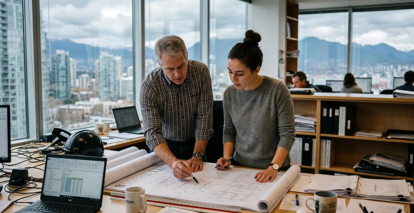 A junior engineer reviews structural drawings with a senior licensed engineer in a Vancouver office with city views.