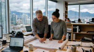 A junior engineer reviews structural drawings with a senior licensed engineer in a Vancouver office with city views.