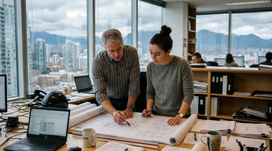 A junior engineer reviews structural drawings with a senior licensed engineer in a Vancouver office with city views.