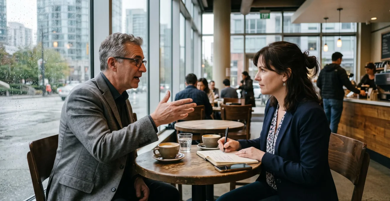 A senior executive and a mid-career professional in an engaged mentorship conversation over coffee in a Vancouver cafe, the younger professional taking notes.