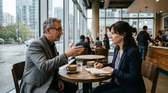 A senior executive and a mid-career professional in an engaged mentorship conversation over coffee in a Vancouver cafe, the younger professional taking notes.