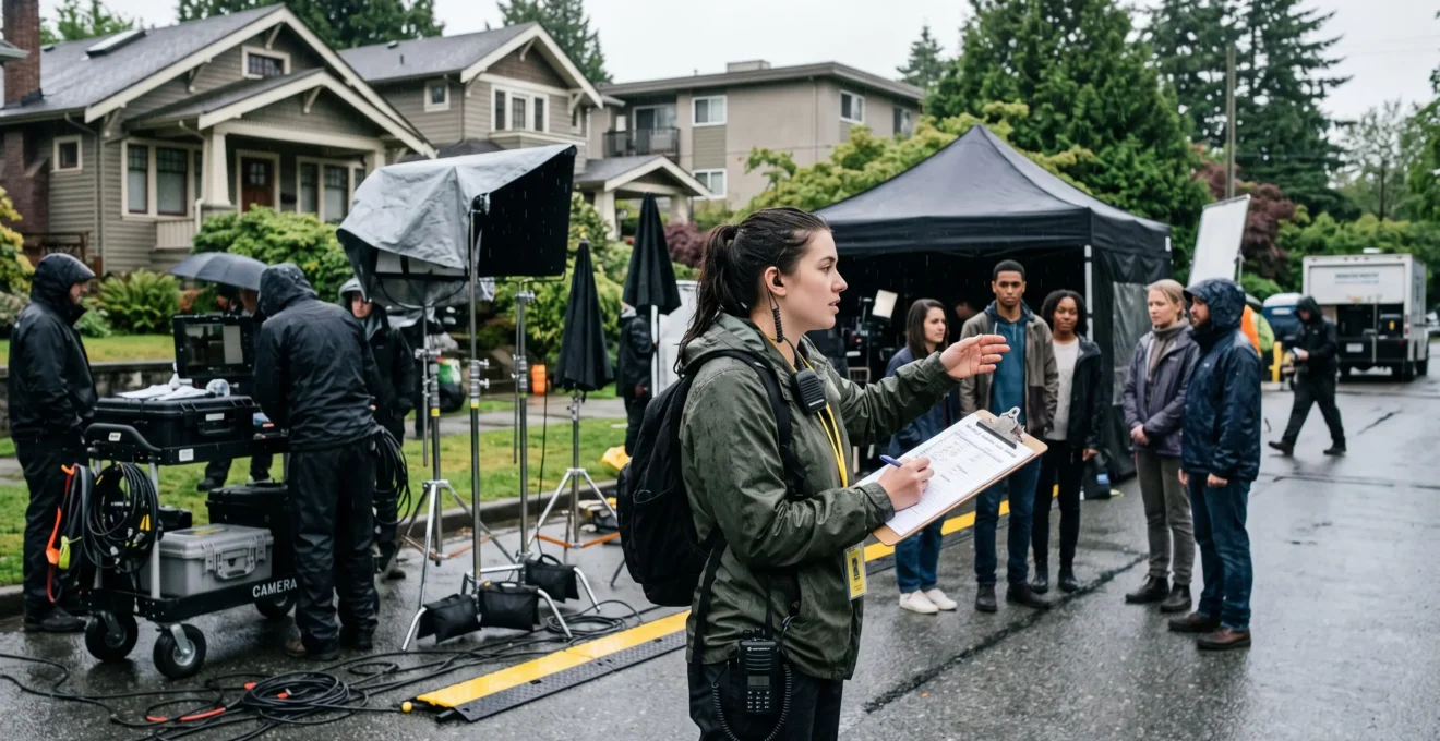 A production assistant with a clipboard and headset directs background performers on a rainy outdoor film set in Vancouver.