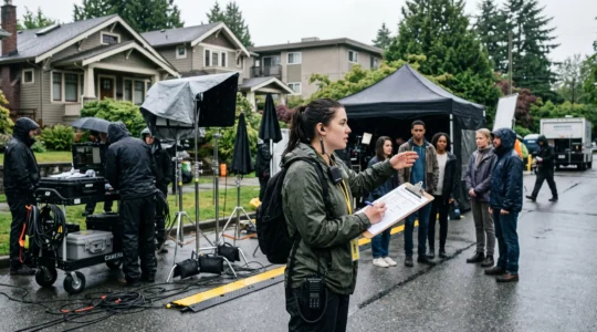 A production assistant with a clipboard and headset directs background performers on a rainy outdoor film set in Vancouver.