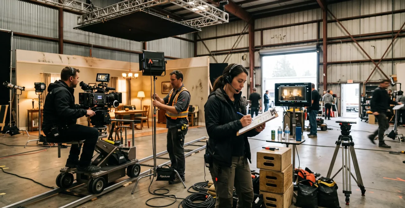A film crew works on a lit production stage in Vancouver, with a camera on a dolly, a lighting technician, and a coordinator holding a clipboard.