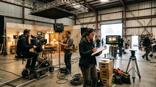 A film crew works on a lit production stage in Vancouver, with a camera on a dolly, a lighting technician, and a coordinator holding a clipboard.
