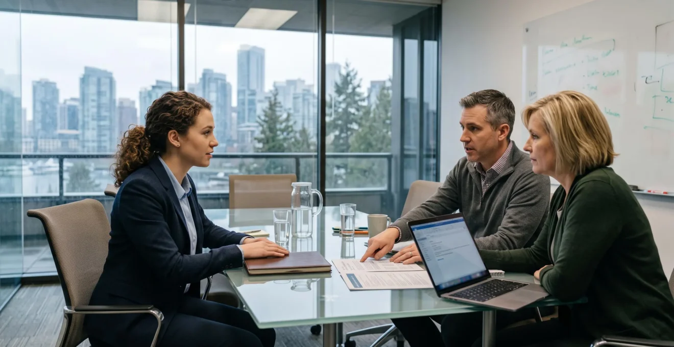 A candidate listens as an interviewer points to a risk and compliance checklist during a fintech job interview in a Vancouver office meeting room.