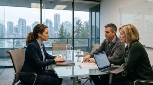 A candidate listens as an interviewer points to a risk and compliance checklist during a fintech job interview in a Vancouver office meeting room.